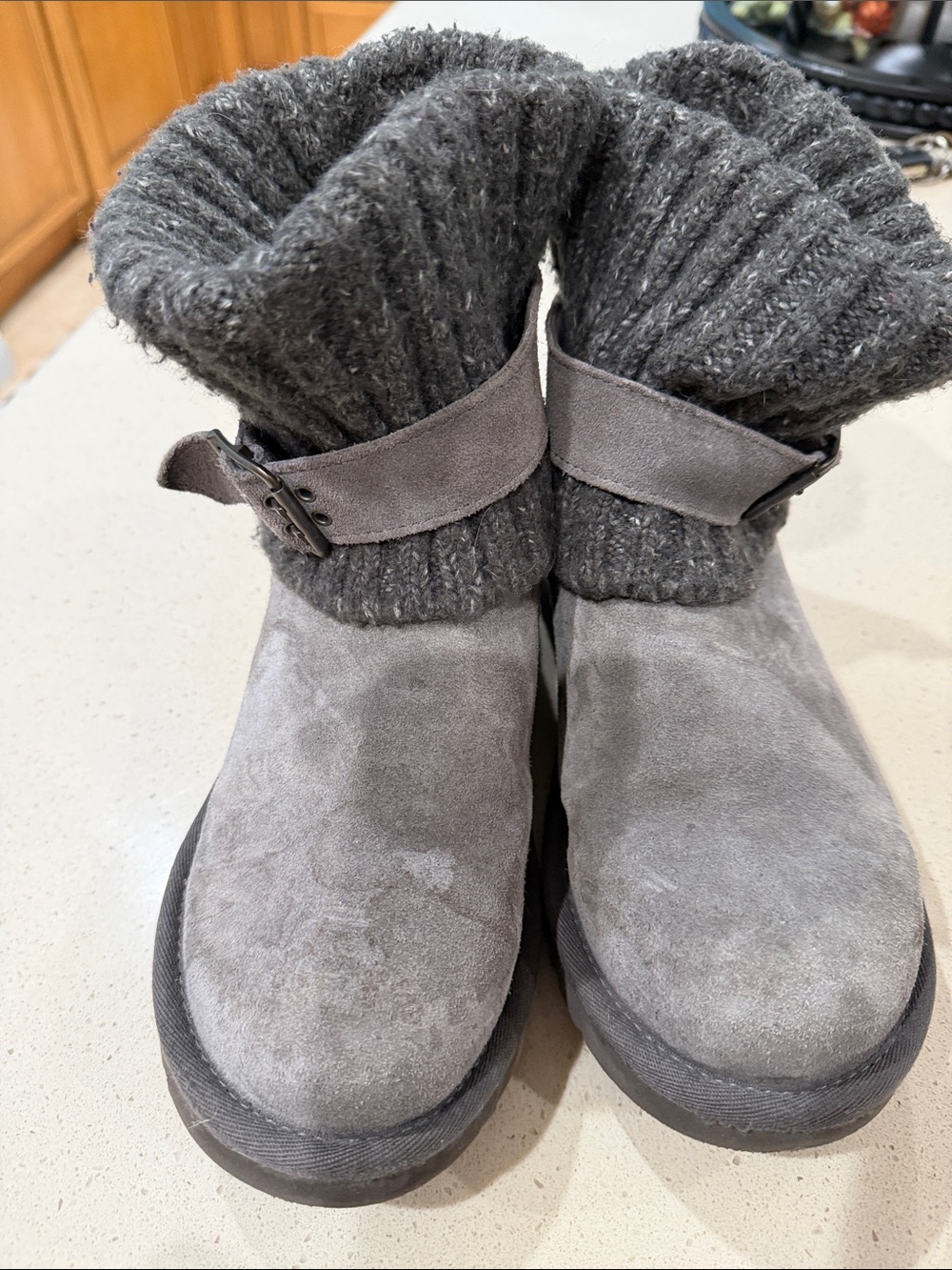 UGG Gray Suede Knit-Cuff Ankle Boots
